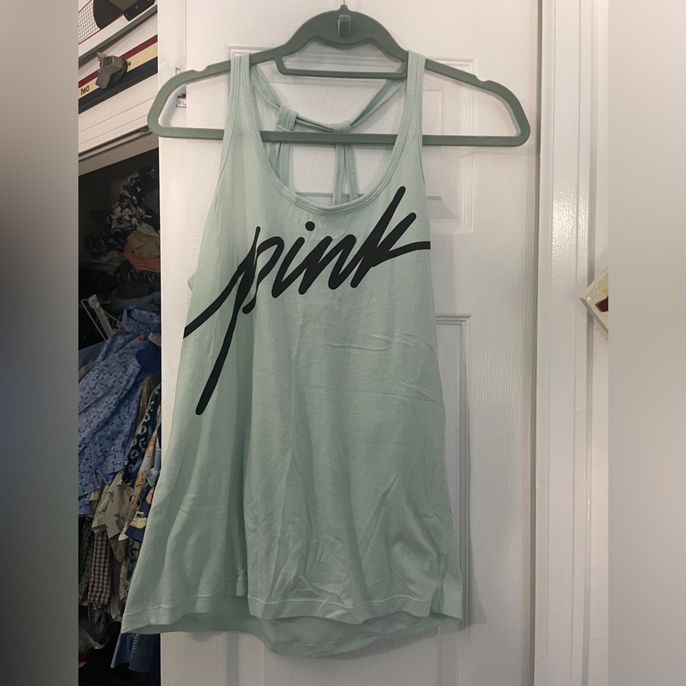 Junior's VS PINK Small Teal Graphic Logo Strappy Back Tank